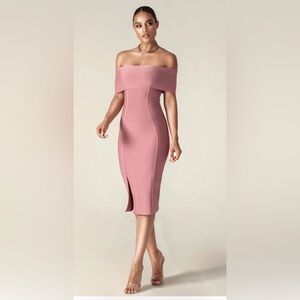 Off-Shoulder Rose Midi Sheath Dress